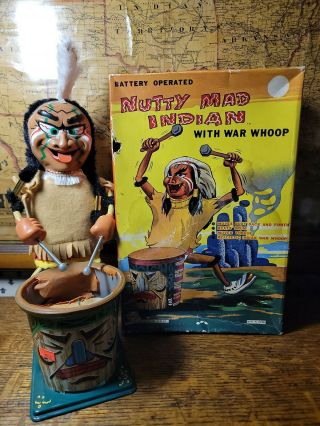 Vintage Marx Tin Litho Nutty Mad Indian Drummer Wind Up Toy W/ Box