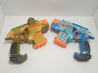 Set Of 2 Lazer Tag Tiger Phoenix Ltx Guns Blue Gold Laser System Blaster