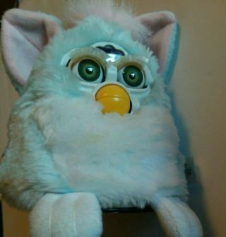 1999 Furby Babies " Baby Blue " With Pink Mane & Green Eyes &