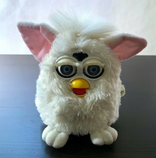 Vintage 1998 Talking Furby Snowball White W/ Pink Ears And Blue Eyes