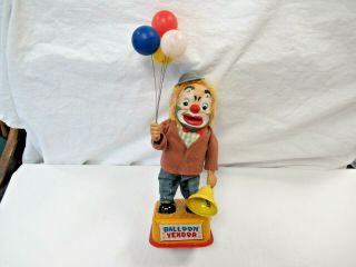 Vintage Yonezawa Japan Tin Litho Balloon Vendor Clown Battery Operated Toy