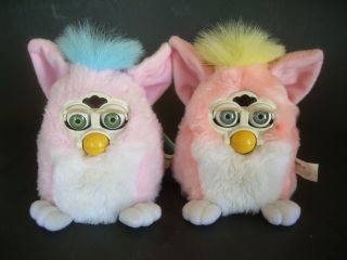 Two Vintage 1999 Furby Babies Tiger Elec Pink & Blue Red & Yellow Not