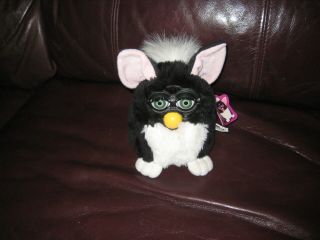 1998 Black And White Furby With Hangtag Tiger Plush Toy Green Eyes