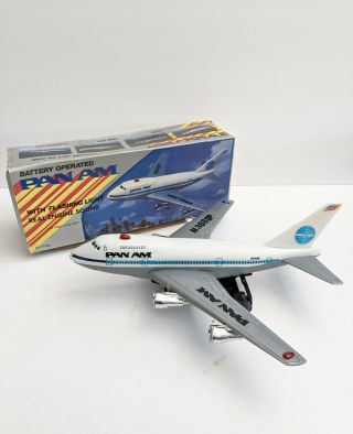 Vintage 12 " Pan Am Battery Operated Boeing 747 Flying Jet Plane Flashing Lights