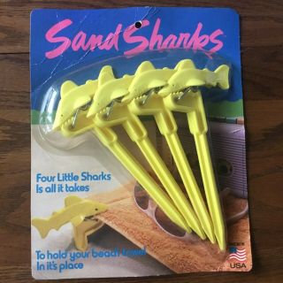 Sand Sharks Beach Towel Holders Sand Stakes 4 Yellow Vintage Old Stock