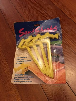 Sand Sharks Towel Blanket Clips Spikes 4 Pack Yellow 1987 Vintage Package Damage