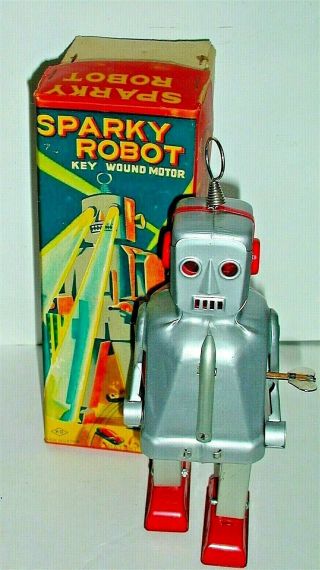 Rare Vintage Sparky Robot,  Box.  Ko Yoshiya Japan.  Sparks