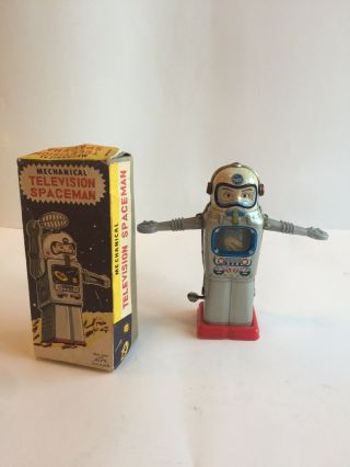 Vintage Mechanical Television Spaceman Robot W/ Box Alps Made In Japan 1960’s