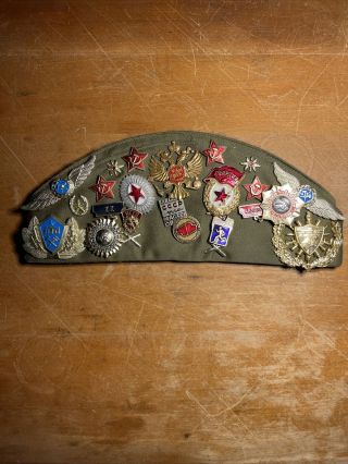 Vintage Russian Ussr Military Hat And Soviet Era Pins