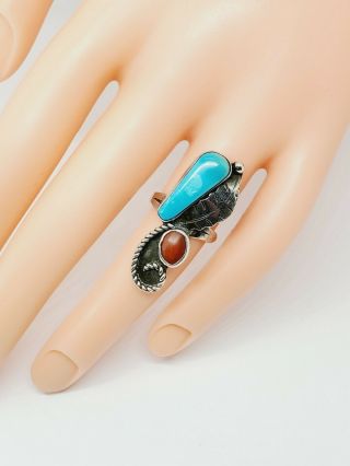 Vintage Sterling Silver Navajo Turquoise,  Coral Ring Leaf / Feather Ring Sz 5