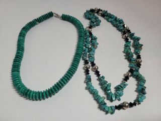 2 Necklaces - Vintage - Native American - Sterling Silver - Turquoise - Onyx - Malachite - Nr