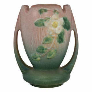 Vintage Roseville Pottery White Rose 1940 Pink Art Deco Vase 983 - 7
