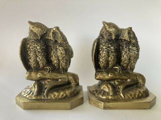 Mcm Vintage Pair 2 Bronze Cast Iron Gold Owl Bookends Mid Century Modern 6”x5”