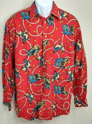 Johnny Cotton Sz M Vtg Button L/s Red Cowboys Horses Ropes Rodeo Western Shirt