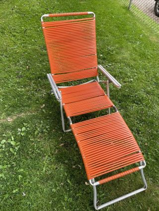 Vintage Orange Lawn Chair Lounger Aluminum Plastic Tubing Adjustable