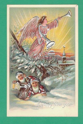Vintage Year Postcard Angel Blows Horn At Sunrise Elves Snow Church