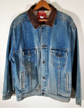 Vintage 90s Marlboro Country Store Leather Collar Distressed Denim Jean Jacket L