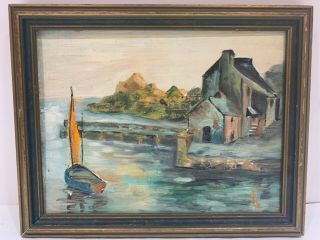 Vintage Mcm Impressionist Oil Painting Sailboat Village Framed Signed ❤️see All❤