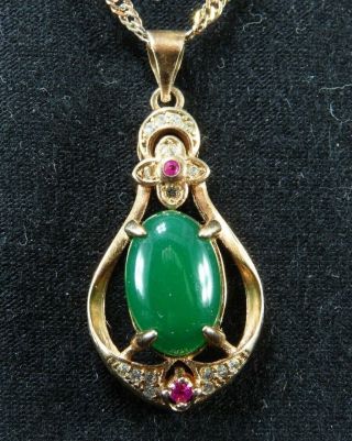 Rose Gold Over Sterling Silver Vtg Green Jade Pendant Pink Rubies Art Deco Style