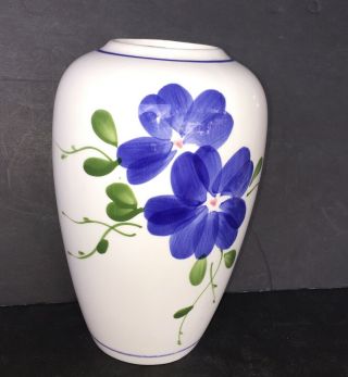 Vintage White Porcelain Vase Blue Flower Design Taiwan 7” Tall