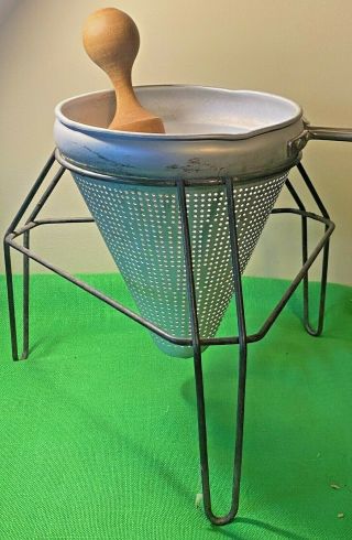 Vintage Aluminum Chinois Cone Strainer Sieve Stand & Wooden Pestle Fruit Jam