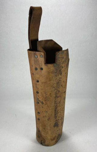Vintage Leather Welding Electrode Rod Holder Bag Pouch Wooden Base - Aprox 15 " H