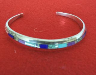 Vintage Sterling Silver Southwestern Narrow Cuff Bracelet Inlaid Stones 7 " Wrist