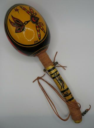 Vintage Native American Ceremonial Rattle Hand Painted Birds W/beads Signed