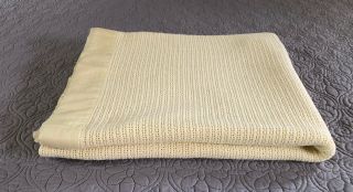 Vintage Yellow Cotton Thermal Waffle Weave Blanket Nylon Trim 68 X 88 " Twin Size
