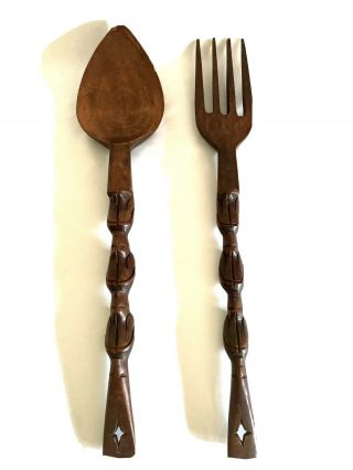 Vintage Hand Carved Wooden Spoon And Fork Large Wall - Hanging 27 " Home Decor