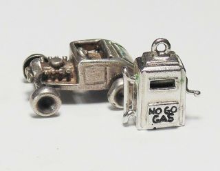 Vtg Sterling Silver Enamel No Go Gas Pump Moves Car Bracelet Charm Pendant Rare