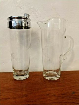 Vintage Etched Crystal Cocktail Shaker With Matching Martini Pitcher 1940 