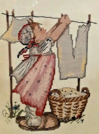 Girl Dry Clothes Line Laundry Basket Needlepoint Vintage Cross Stitch Art Craft