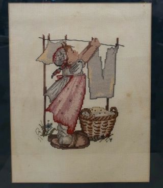 Girl Dry Clothes Line Laundry Basket Needlepoint Vintage Cross Stitch Art Craft 3