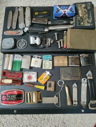 Huge Vintage Junk Drawer Knives Lighters Tobacco Items Buckles Openers And Misc