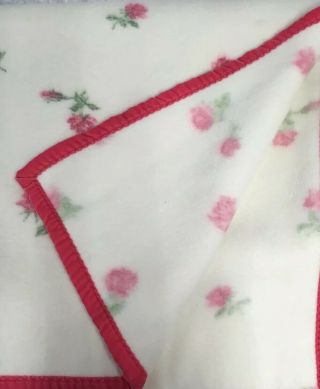 Vintage Twin Throw Blanket White with Pink Roses Velour Trim Mid Century 2