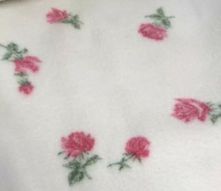 Vintage Twin Throw Blanket White with Pink Roses Velour Trim Mid Century 3