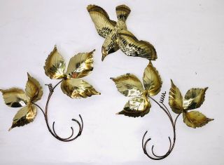 Vintage Gold Brass Small Metal Wall Hanging Decor Leaf Leaves Hummingbird