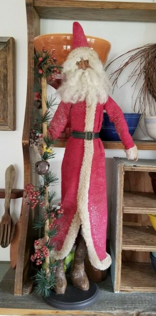 Vintage Grungy Glitter Primitive Folk Art Father Christmas Santa Tall Skinny 27 "