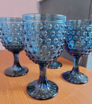 Vintage Hobnail Glass Colonial Blue Drinking Glasses Set Of 4 Goblets