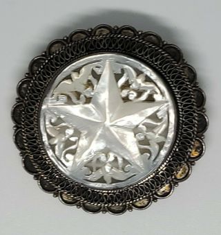 Vintage Sterling Silver Carved Mother Of Pearl Mop Star Brooch Pin
