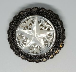 Vintage Sterling Silver Carved Mother of Pearl MOP Star Brooch Pin 2