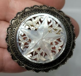 Vintage Sterling Silver Carved Mother of Pearl MOP Star Brooch Pin 3