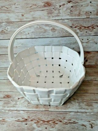 White Glazed Ceramic Woven Square Basket Handmade In Italy Sign/marked Vintage
