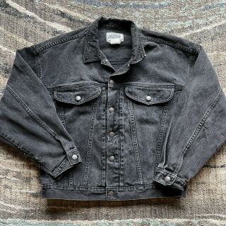 Men’s Vintage 90’s Jordache Black Distressed Denim Jean Trucker Jacket Sz Large