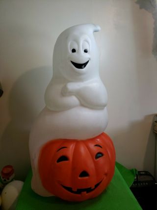 Vintage Halloween Blow Mold Ghost Sitting On Pumpkin Needs Light