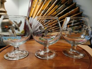 Vintage Ned Smith Brandy Snifter Glasses Set Signed Painted Waterfowl/ducks Mcm