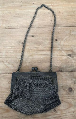 Vintage Antique Victorian “german Silver” Chain Mesh Handbag Purse Leather Liner