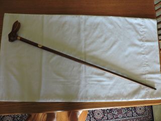 British Wood Walking Stick Cane With Rabbit Head Handle Label And Metal Tip