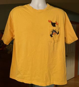 Vintage Looney Tunes Embroidered Pocket T Shirt Rare 1996 Warner Bros Daffy Duc